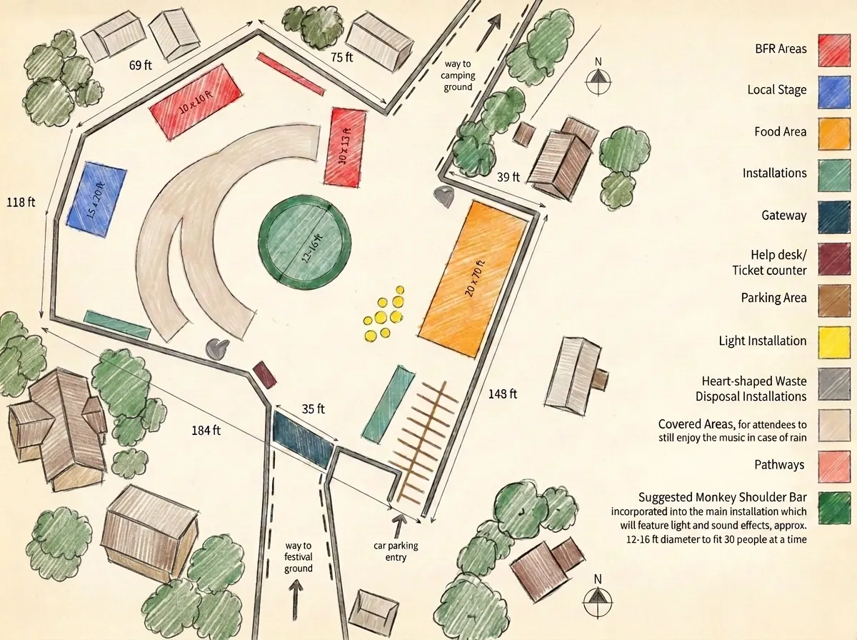Hand-drawn site plan for Big Bang 2024, laying out the bar, stages, food area, gateway and pathways across the Nanadisa village grounds